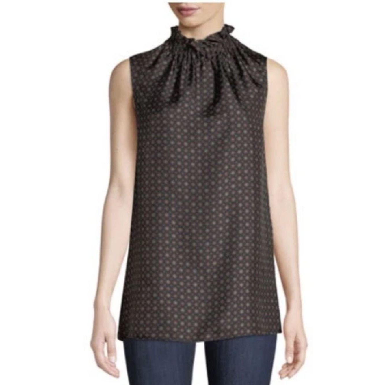 Lafayette 148 Womenâs Percy 100% Silk Mock Ruffled Neck Blouse Black Printed Sm